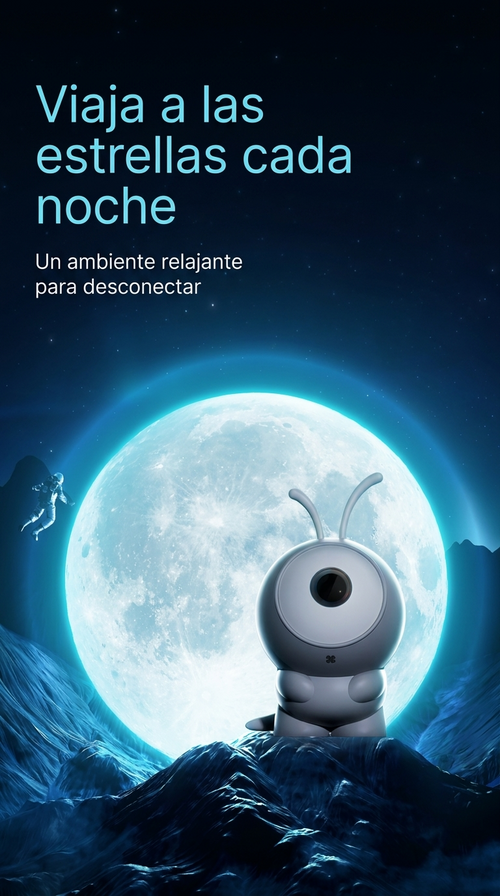 Proyector de galaxia Marcianito frente a una luna llena: viaja a las estrellas cada noche