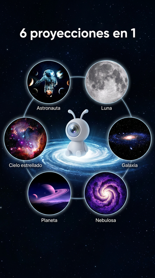 Marcianito con sus 6 proyecciones: astronauta, Luna, galaxia, nebulosa, planeta y cielo estrellado
