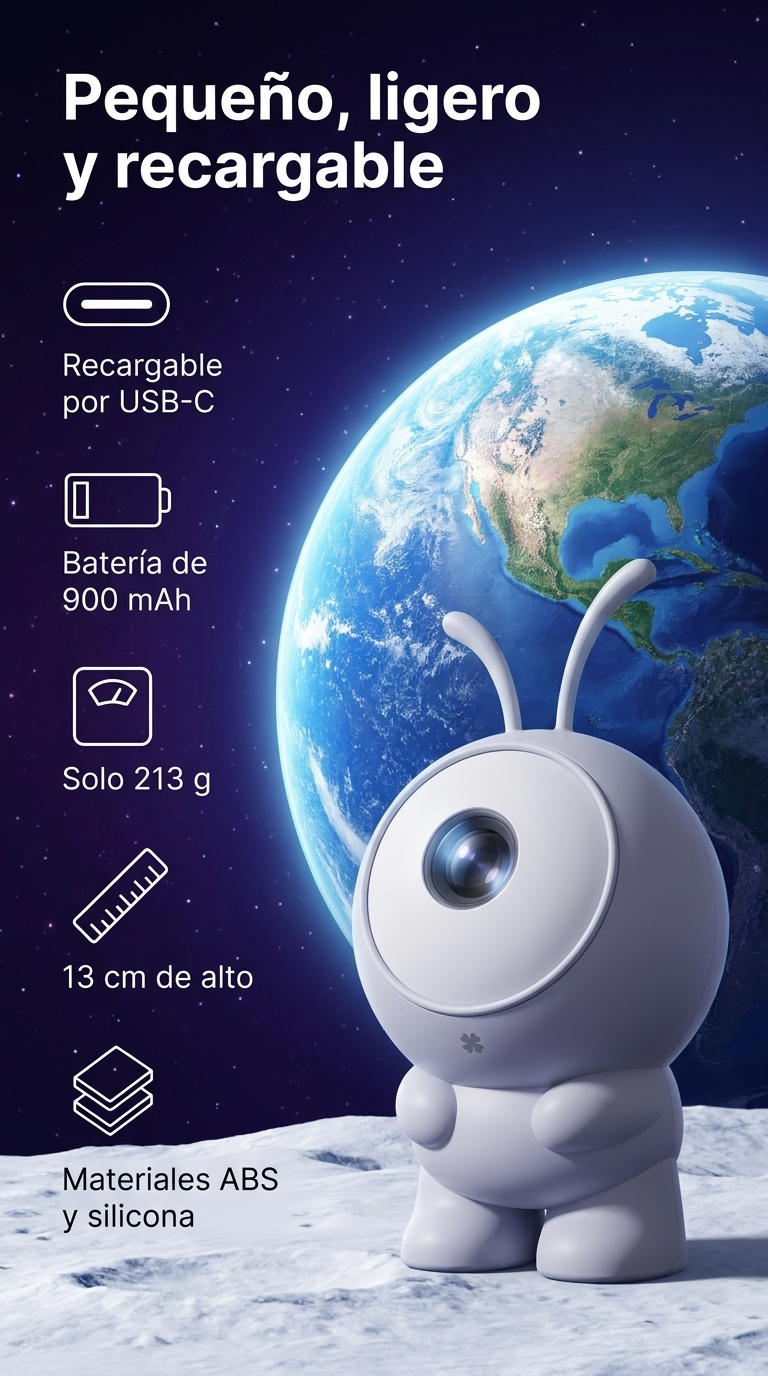 Marcianito pequeño, ligero y recargable por USB-C con batería de 900 mAh