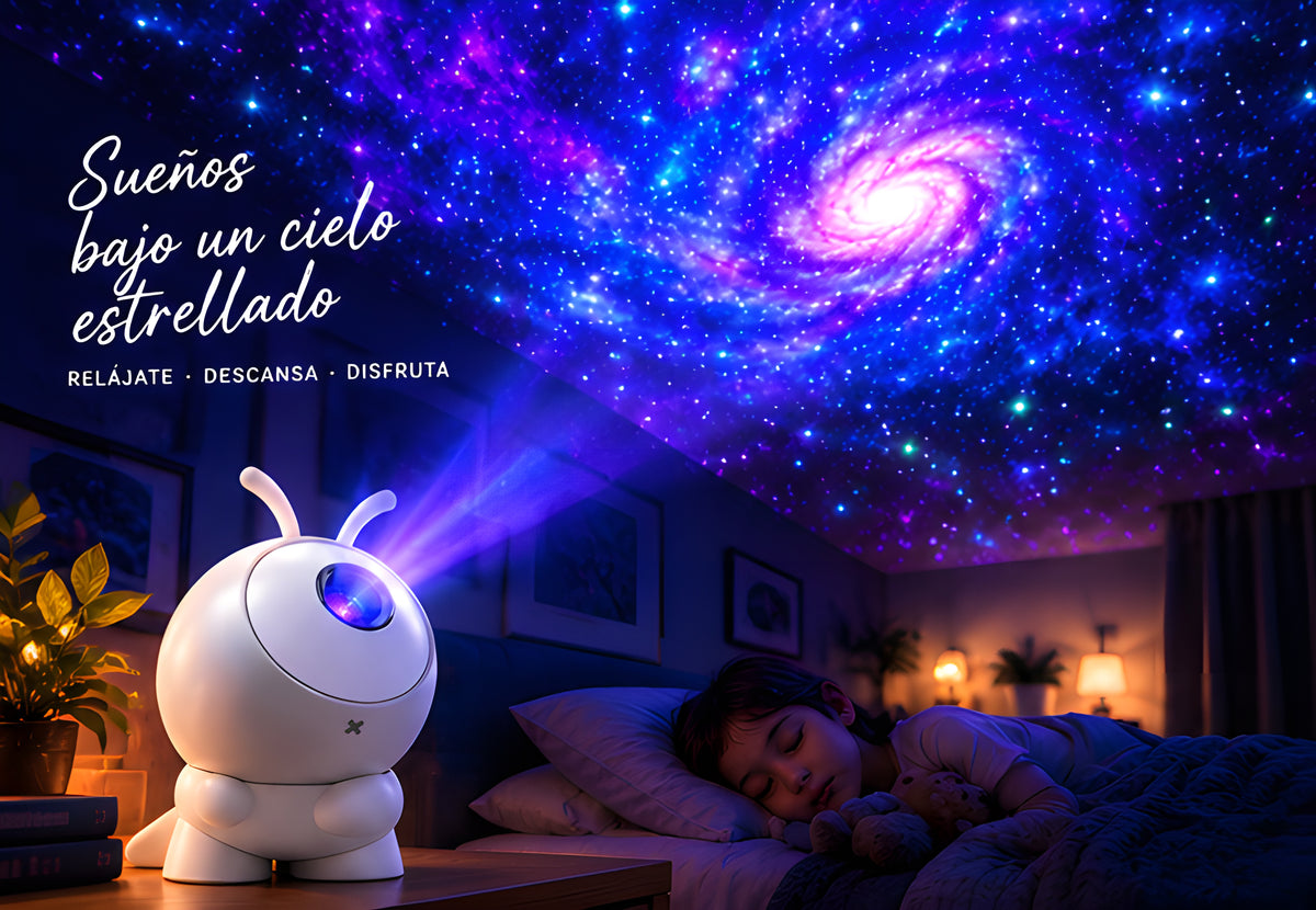 Proyector Marcianito llenando de estrellas el techo de un dormitorio mientras un niño duerme