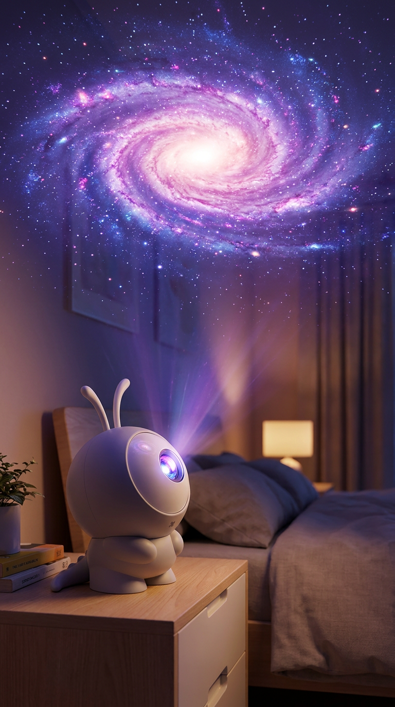 Proyector Marcianito en la mesilla proyectando una galaxia en el techo del dormitorio